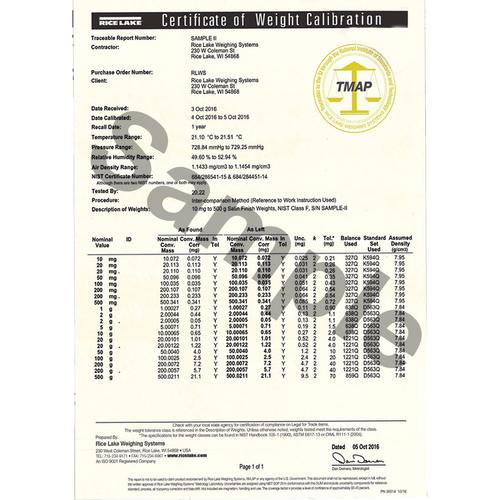 Rice Lake Non-Accredited Certificate for 13035